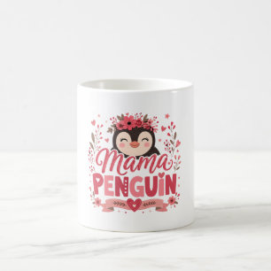 Taza De Café Ilustración de Mamá Pingüino Floral Rosa Maternida