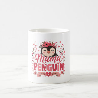 Taza De Café Ilustración de Mamá Pingüino Floral Rosa Maternida