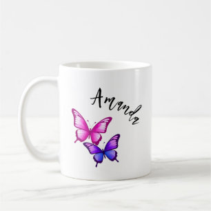 Taza De Café Ilustracion de mariposa rosa y morada con nombre