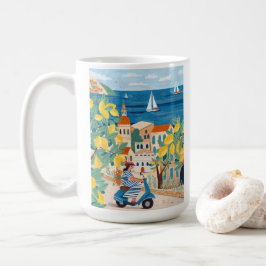 Taza De Café Ilustración de Mujer Mediterránea en Scooter Café