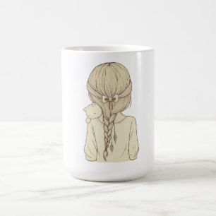 Taza De Café Ilustración de niña con trenza y gato – Pastel sua