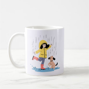 Taza De Café Ilustración de niña linda y perro bailando en la l