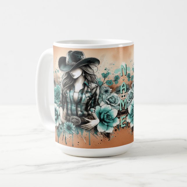 Taza De Café Ilustracion de niña y arte de fondo floral (Anverso izquierdo)