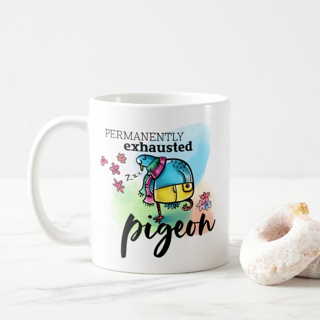 Taza De Café Ilustracion de pájaro pichón permanentemente agota (Con donut)