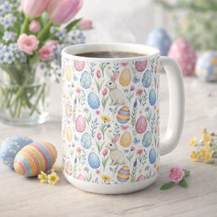 Taza De Café Ilustración de patrón de huevo de Pascua y conejo 