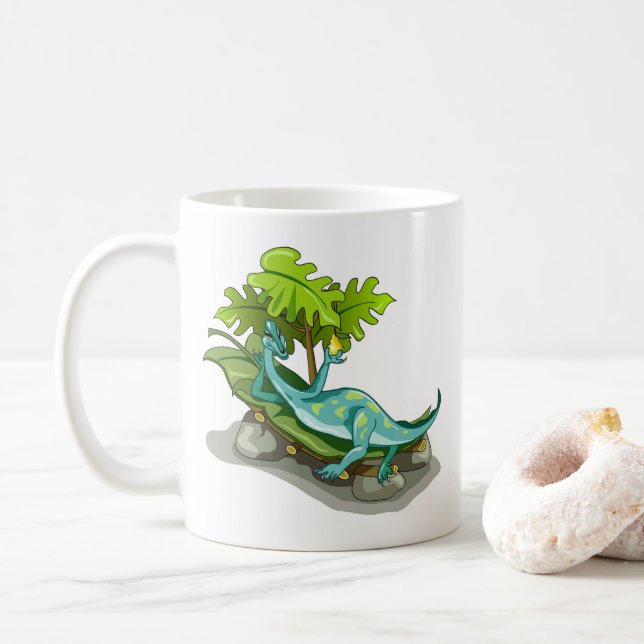 Taza De Café Ilustracion De Un Atardecer Iguanodon. (Con donut)
