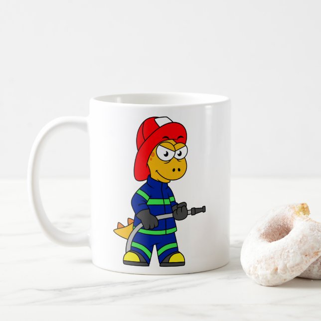Taza De Café Ilustracion De Un Bombero De Tirano Rex. (Con donut)