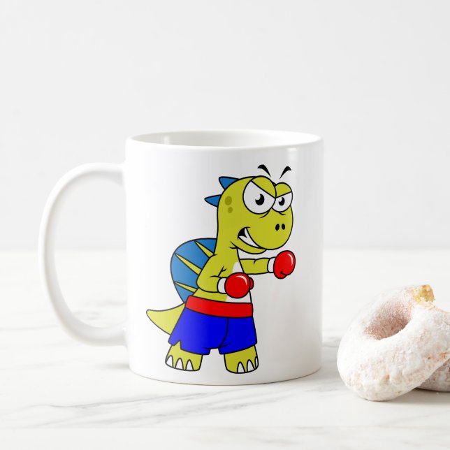 Taza De Café Ilustracion De Un Boxeo De Spinosaurus. (Con donut)
