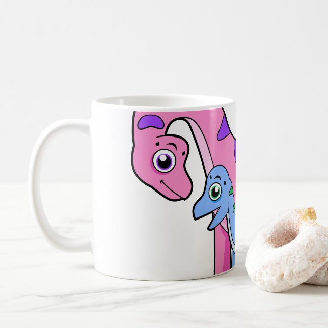 Taza De Café Ilustracion De Un Brachiosaurio Madre E Hijo. (Con donut)
