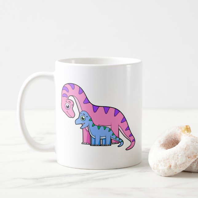 Taza De Café Ilustracion De Un Brachiosaurio Madre E Hijo. (Con donut)