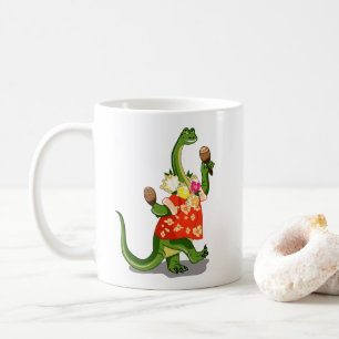 Taza De Café Ilustracion De Un Brontosauro Tocando Maracas.