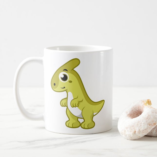 Taza De Café Ilustracion De Un Dinosaurio Parasaurolophus. (Con donut)