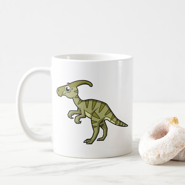 Taza De Café Ilustracion De Un Dinosaurio Parasaurolophus. 3 (Con donut)