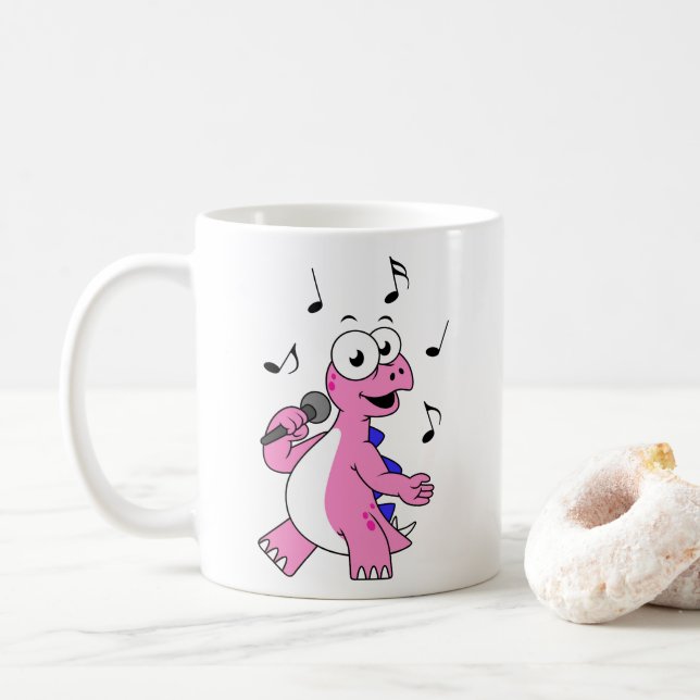 Taza De Café Ilustracion De Un Estegosaurio Cantante. (Con donut)