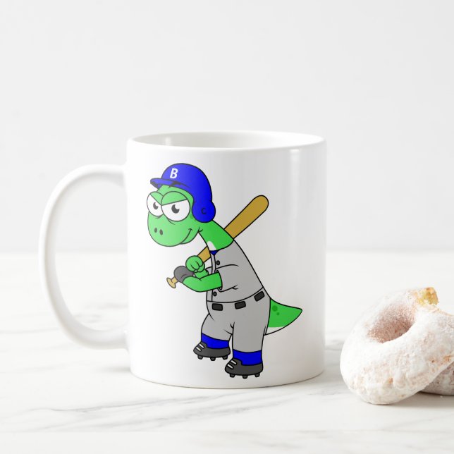 Taza De Café Ilustracion De Un Jugador De Béisbol Brontosaurus. (Con donut)