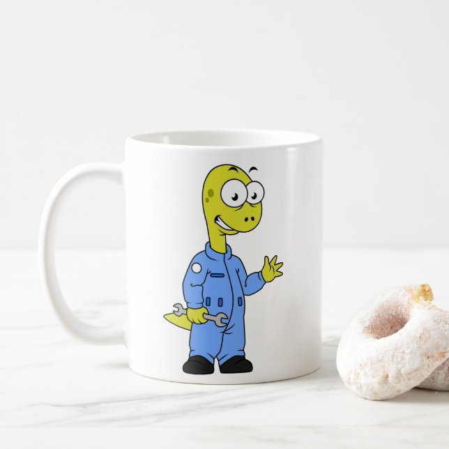 Taza De Café Ilustracion De Un Mecánico De Brontosauro. (Con donut)