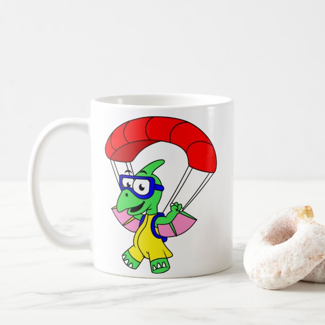 Taza De Café Ilustracion De Un Paracaidismo Pterodáctilo. (Con donut)