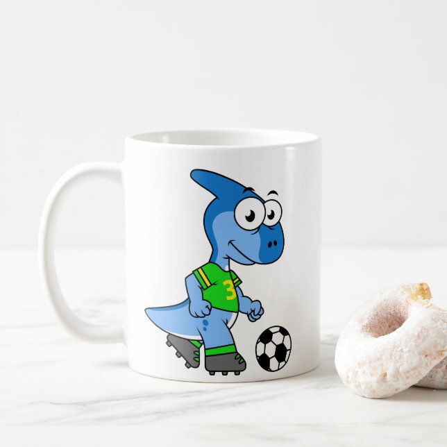 Taza De Café Ilustracion De Un Parasaurolophus Jugando Fútbol. (Con donut)
