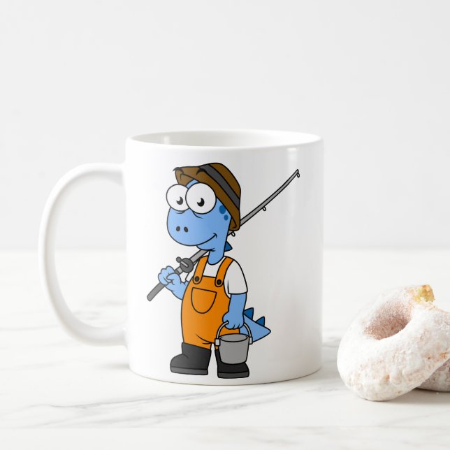 Taza De Café Ilustracion De Un Pescador Allosauro. (Con donut)