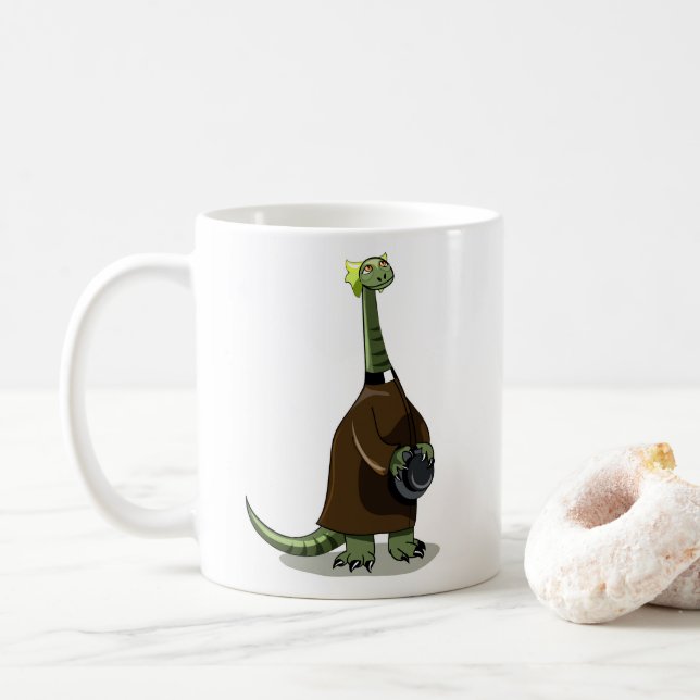 Taza De Café Ilustracion De Un Plateosaurio Vestido Como Sacerd (Con donut)
