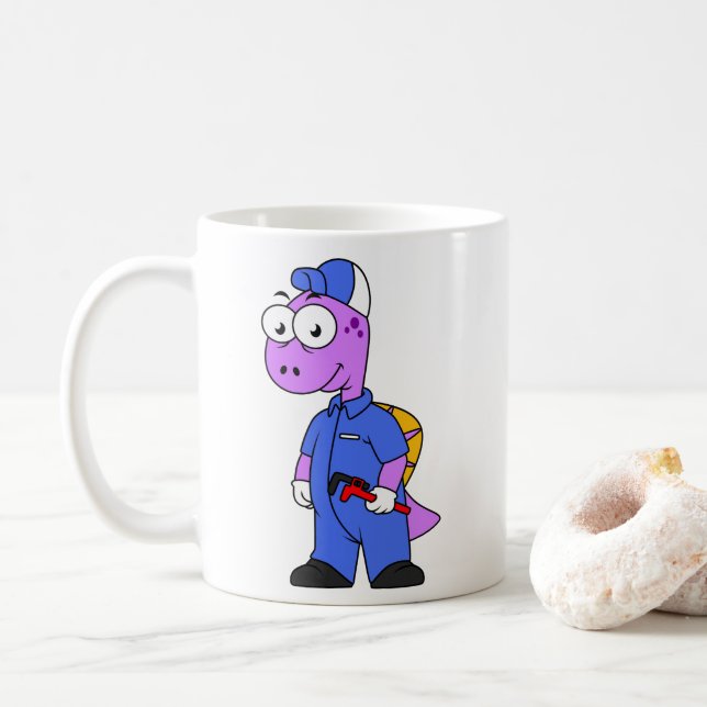 Taza De Café Ilustracion De Un Plomero De Spinosaurus. (Con donut)
