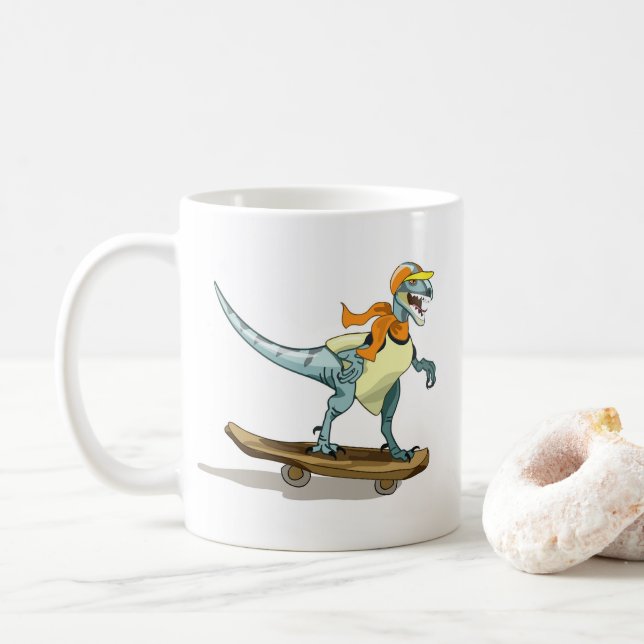 Taza De Café Ilustracion De Un Skateboarding Raptor. (Con donut)