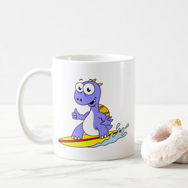 Taza De Café Ilustracion De Un Spinosaurus De Surf. (Con donut)