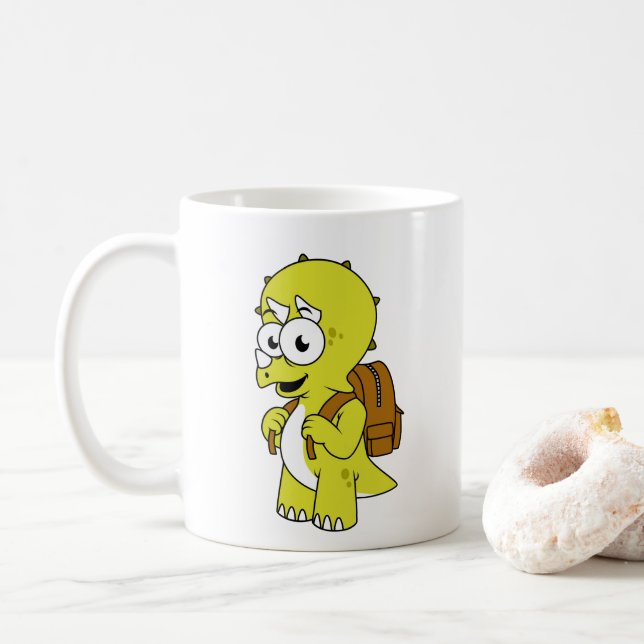 Taza De Café Ilustracion De Un Triceratops Con Mochila. (Con donut)