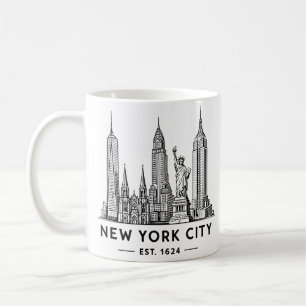 Taza De Café Ilustración del horizonte de NYC con la Estatua de