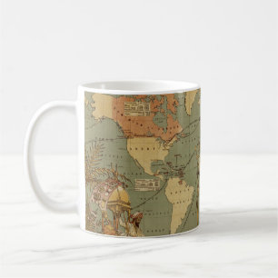 Taza De Café Ilustración del Mapa Mundial Antiguo de 1886