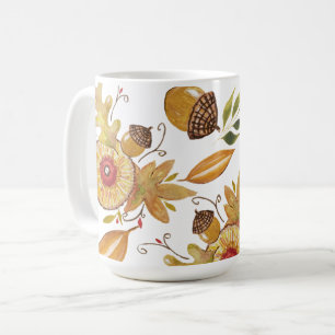 Taza De Café Ilustración en Acuarela de Otoño con Bellotas Nara