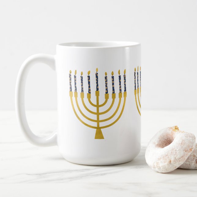 Taza De Café Ilustracion festivo Menorah Hanukkah Blue Candles (Con donut)