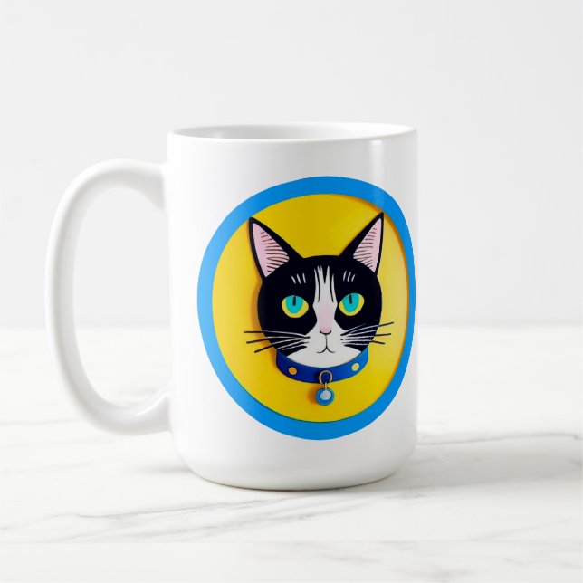 Taza De Café Ilustracion gato negro y blanco con ojos azules (Izquierda)