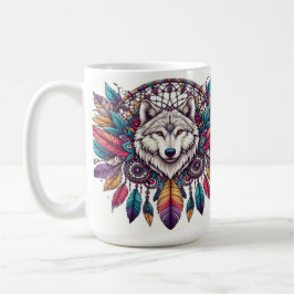 Taza De Café Ilustracion lobo con estilo bohemio Dreamcatcher