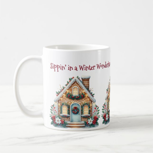Taza De Café Ilustración navideña de casa de jengibre acogedora (Izquierda)