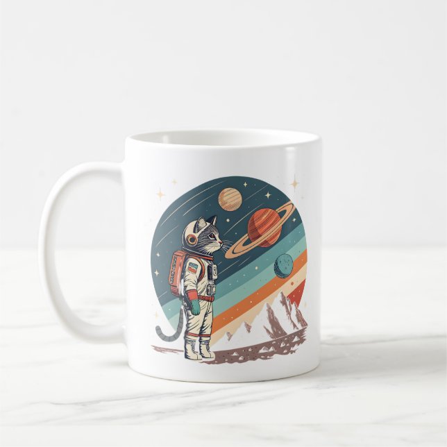 Taza De Café Ilustración Retro de Gato Astronauta Espacio Cósmi (Izquierda)