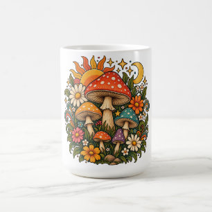 Taza De Café Ilustración Retro Hippie de Hongos y Flores Silves