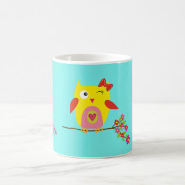 Taza De Café Ilustracion rosa amarillo de búho blanco personali