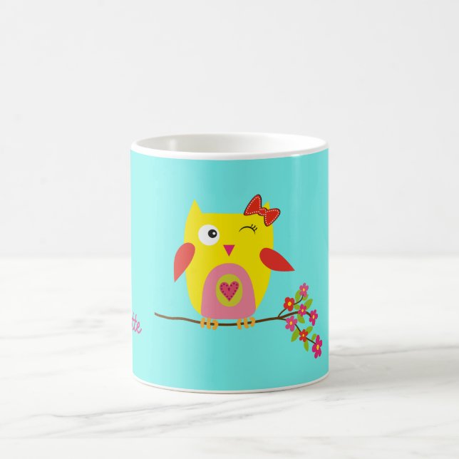 Taza De Café Ilustracion rosa amarillo de búho blanco personali (Centro)