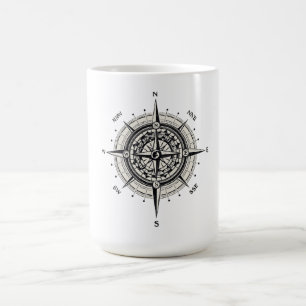 Taza De Café Ilustración Vintage de Rosa de los Vientos en Mono