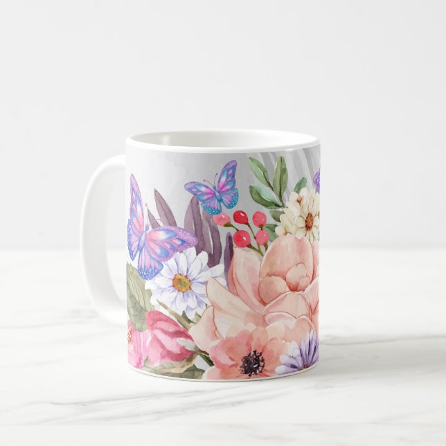 Taza De Café Impresión acuarela de mariposas y flores (Anverso izquierdo)