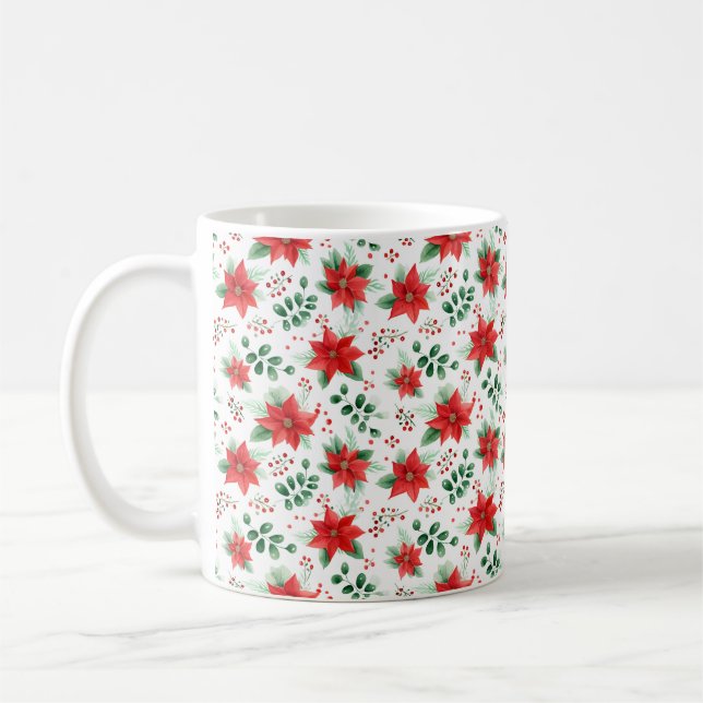 Taza De Café Impresión botánica de Poinsettias Rojas (Izquierda)
