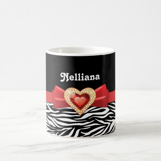 Taza De Café Impresión de cebra blanca glamurosa, arco rojo y j (Centro)