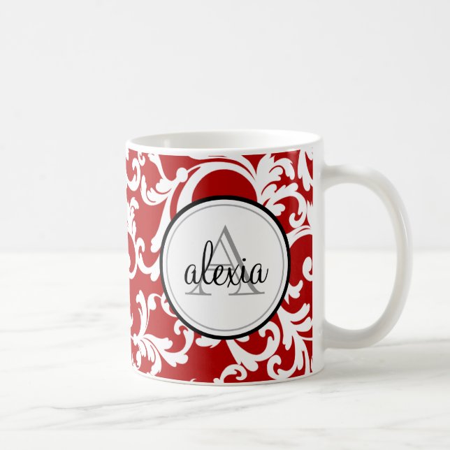 Taza De Café Impresión de Damasco Monogramado Cherry Red (Derecha)