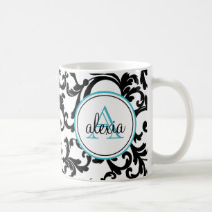 Taza De Café Impresión de Damasco Monogramado en negro y turqu