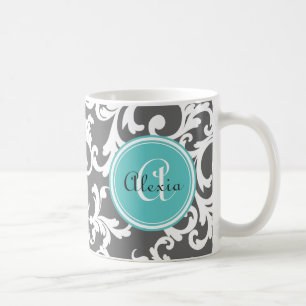 Taza De Café Impresión de Damasco Monogramado Gris y Aqua