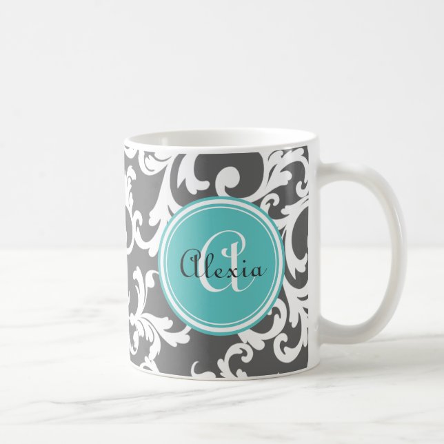 Taza De Café Impresión de Damasco Monogramado Gris y Aqua (Derecha)