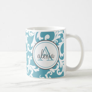 Taza De Café Impresión de Damasco Monogramado Ocean Blue