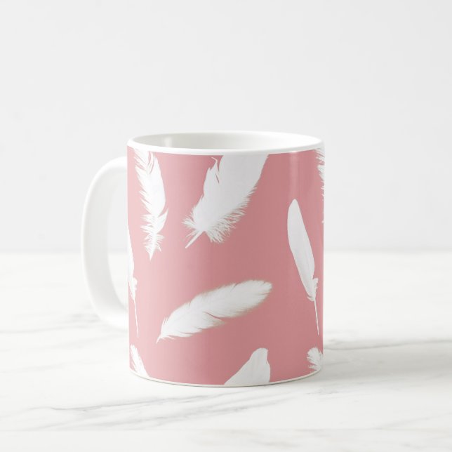 Taza De Café Impresión de la pluma blanca en rosa de la cáscara (Anverso izquierdo)