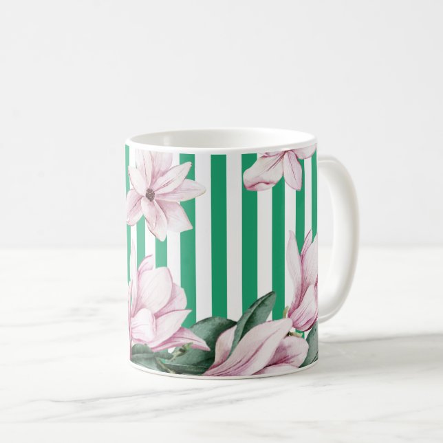Taza De Café Impresión de verano, primavera, magnolia de rayas  (Anverso derecho)